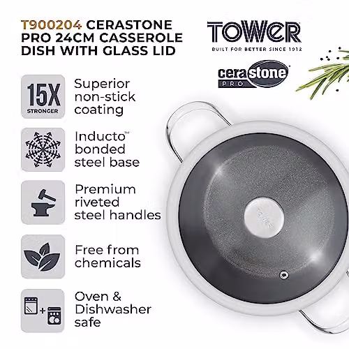 Tower Cerastone Pro Non-Stick Forged Aluminium Casserole Dish with Tempered Glass Lid, Diameter: 24 cm, Anthracite Grey – 5