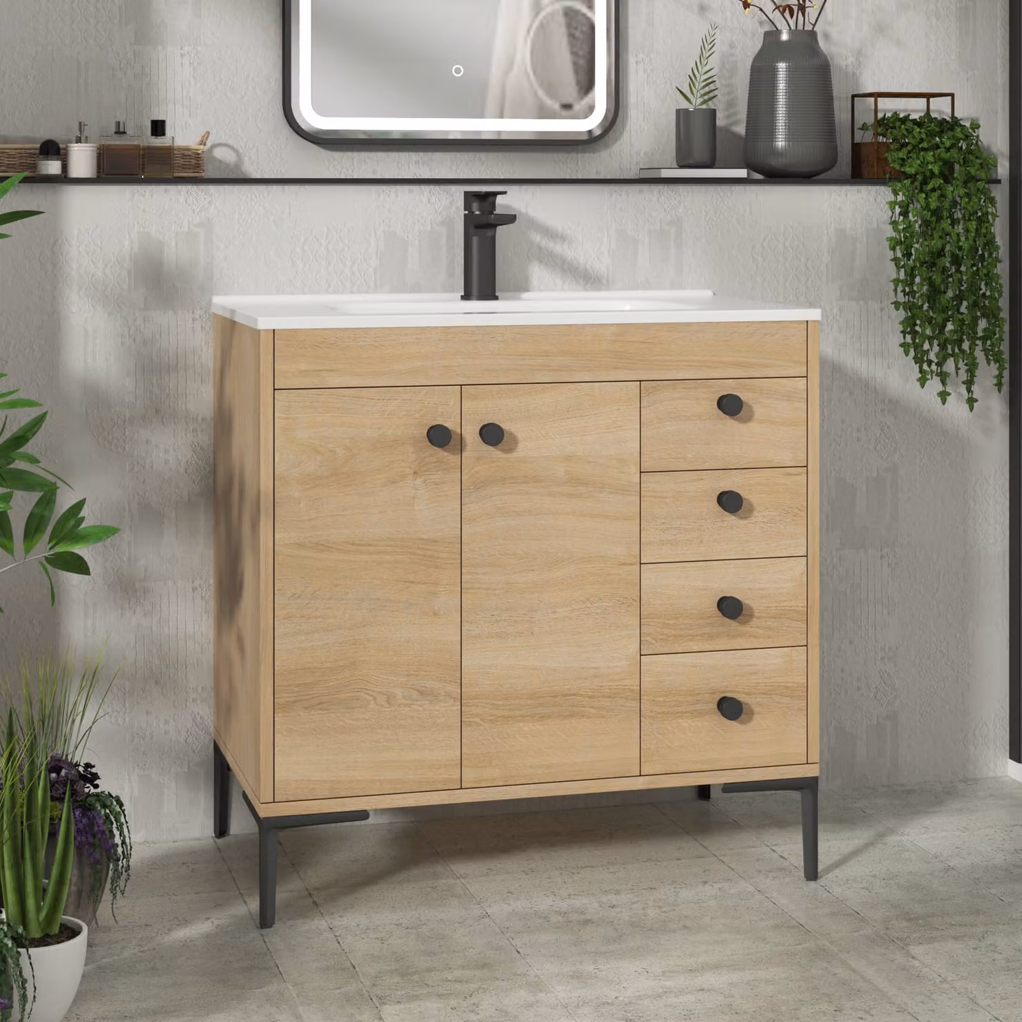 Royal Bathrooms Verona 800mm Natural Oak Floor Standing Vanity Unit with Ceramic Basin, 2 Doors and 4 Drawers