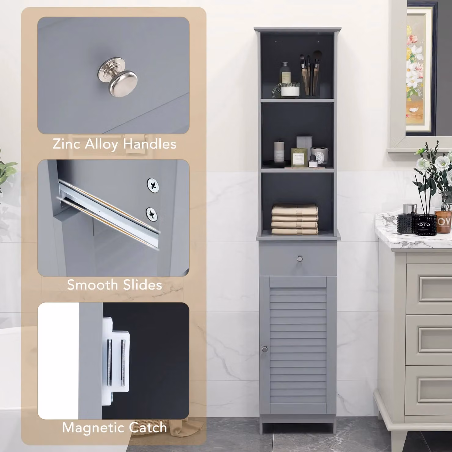 Gymax Grey Modern Freestanding Bathroom Cabinet with Adjustable and Open Shelves, Height: 164 cm – 5