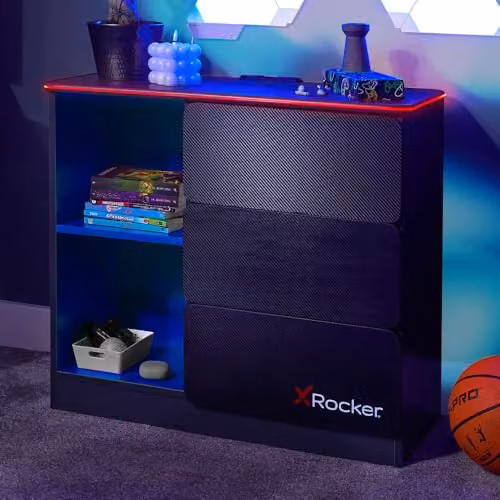 X Rocker Carbon-Tek RGB LED Chest of Drawers with 3 Drawers and 2 Open Shelves, Grey & Blue, Width: 70 cm – 1