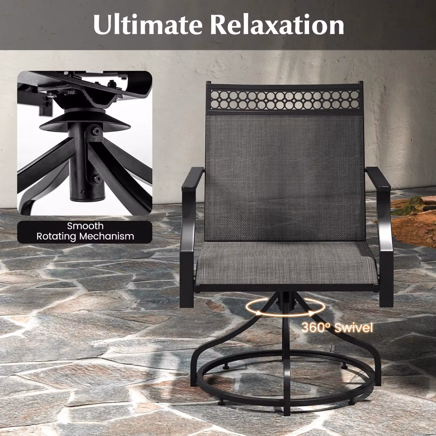 Costway Set of 2 Grey Swivel Patio Dining Chairs with Armrests and Textilene Fabric – 5