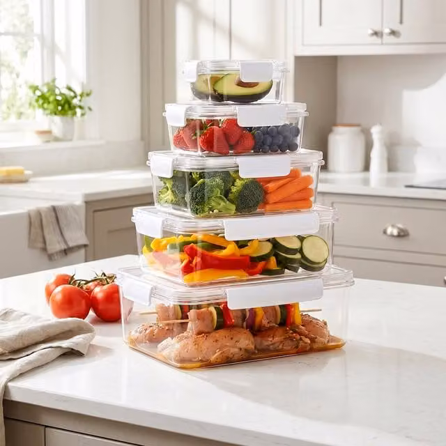 Lifeideas 5 Piece Stackable Plastic Fridge Storage Container Set with Snap Lids, Transparent