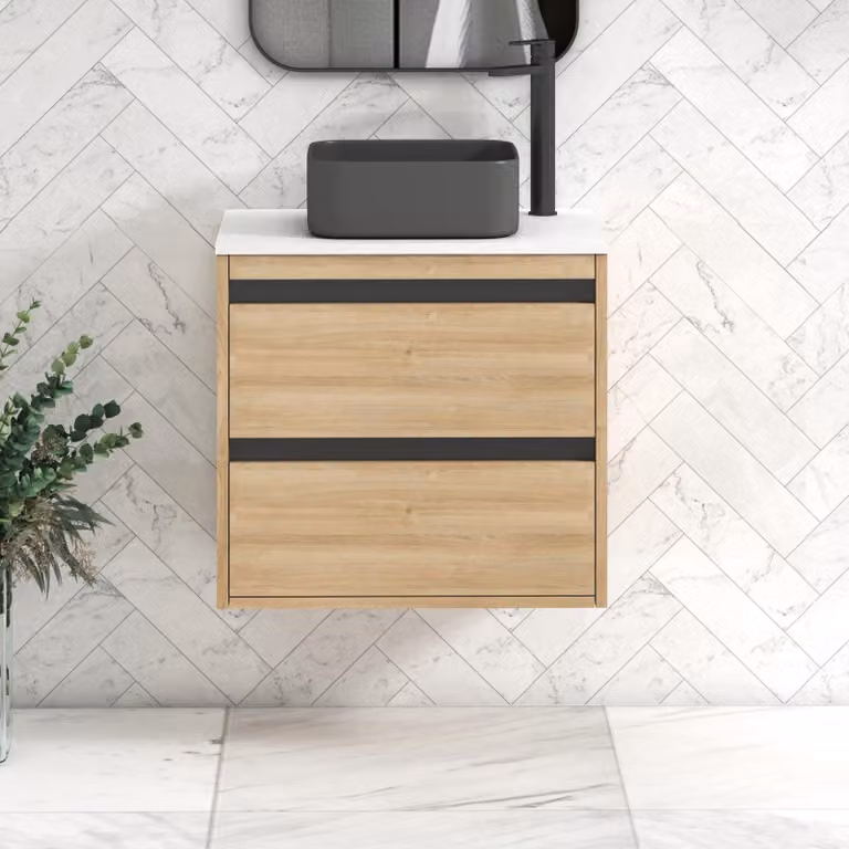 Royal Bathrooms Orion 600mm Natural Oak Wall Hung Vanity Unit with 2 Drawers, White Countertop and Art Square Basin with Black Accent Trim