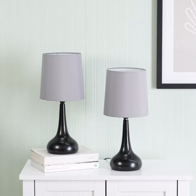 ValueLights Teardrop Pair of Black Touch Table Lamps with Grey Fabric Shades