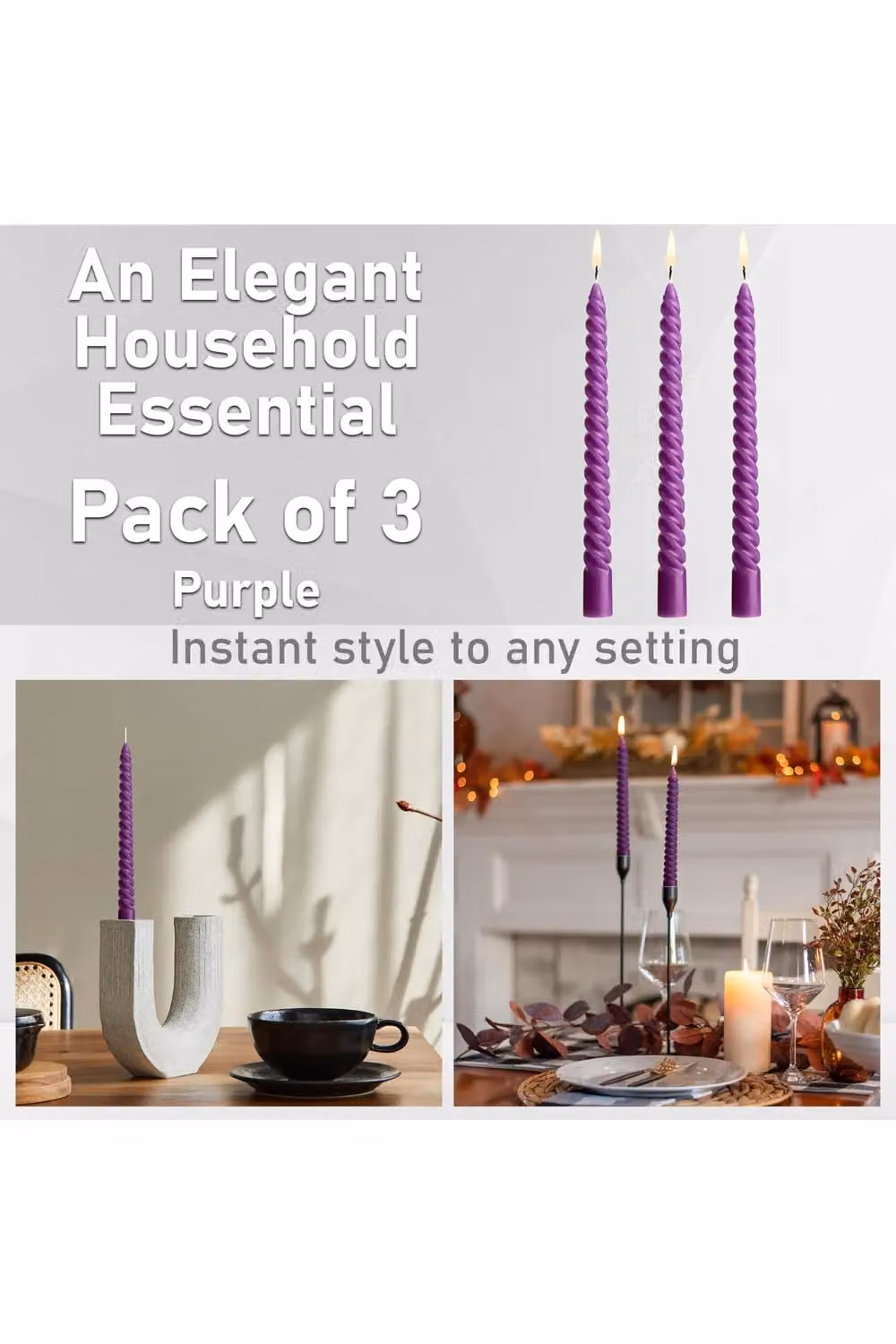 Deco Express Non Scented Twisted Non Drip Dinner Candles, Purple, Pack of 3 – 3
