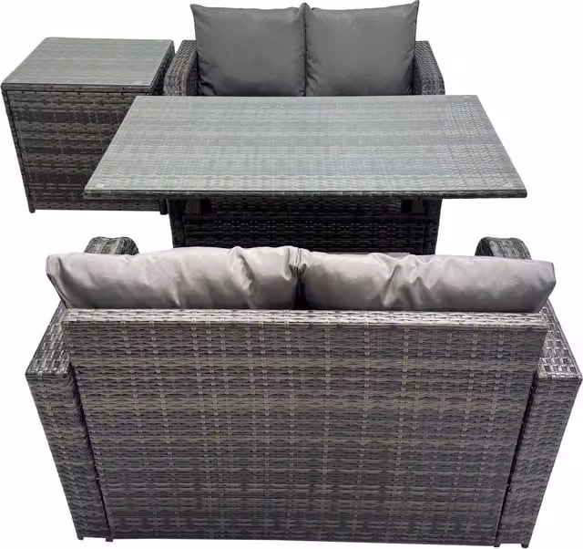 Fimous 4-Seat PE Rattan Outdoor Dining and Sofa Set with Side Table in Dark Grey Mixed
