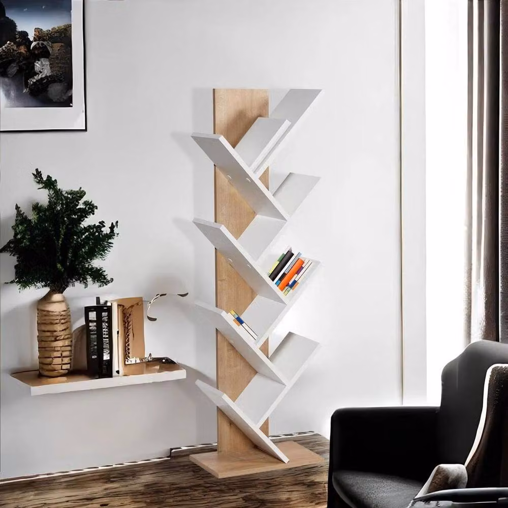 CALICOSY TUVAL Bookcase in Light Oak and White Finish, H: 129.8 cm – 1