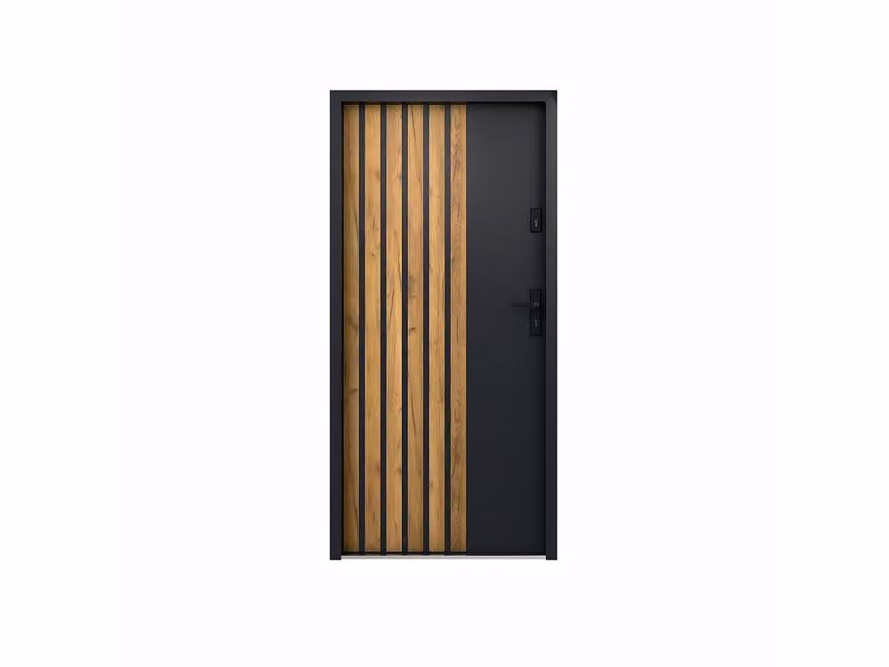 Vente-unique Modern Full Steel Front Door in Black with Dark Grey Oak Effect Stripes, H 207 cm x W 100 cm – 2