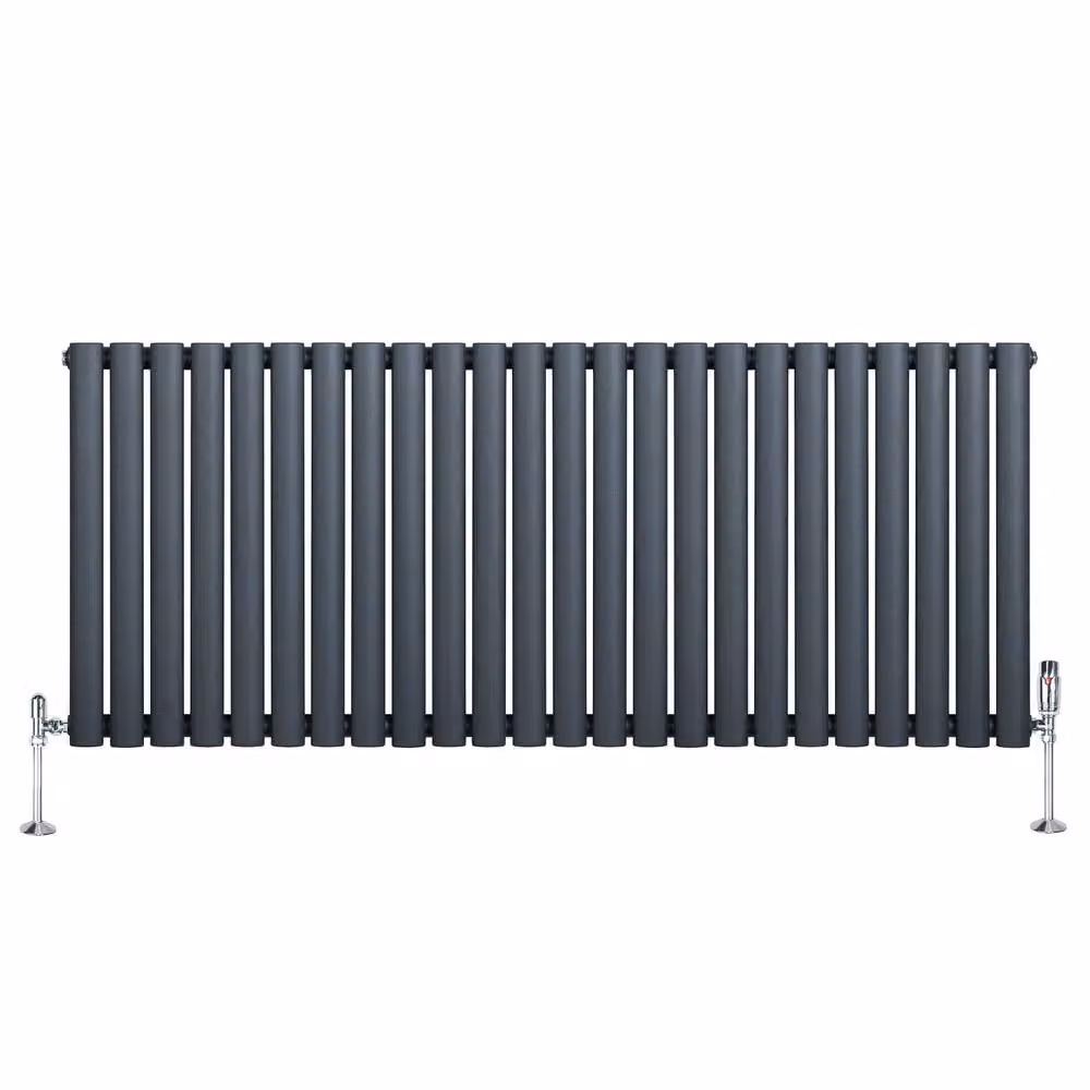 Monstershop Oval Single Column Steel Radiator with Integrated Valves and Thermostat Head, Anthracite Grey, H 144 cm x W 60 cm – 2