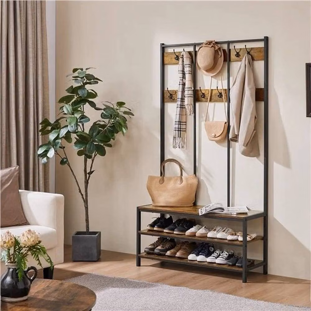 EONLION Industrial Metal and MDF Hall Tree with Shoe Bench and Hooks in Brown and Black – 3