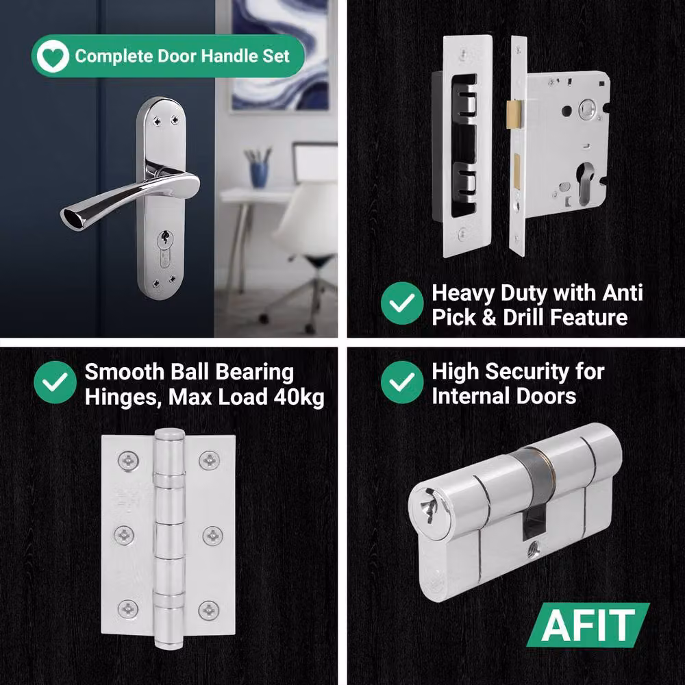 AFIT Novi Chrome Euro Cylinder Door Handle Lock and Hinges Complete Set in Metallic Silver, Size: 150 x 150 mm – 3