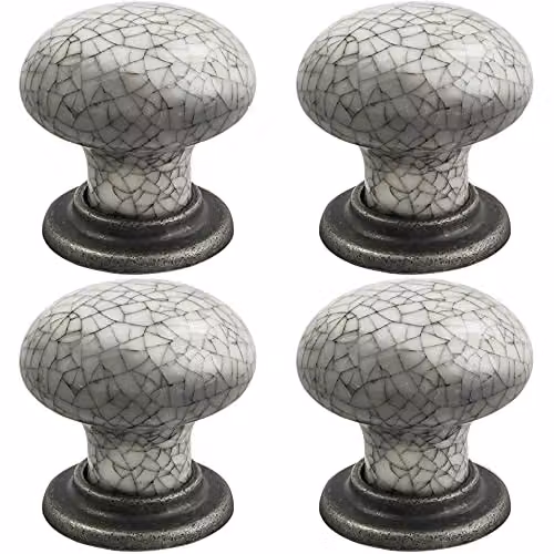 Loops 4 Pack Porcelain Mushroom Cupboard Door Knobs in Blue Glaze and Antique Steel, 36mm Diameter
