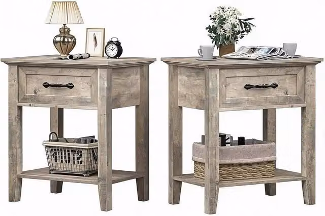 London Boutique Set of 2 Modern Grey Wooden Bedside Tables with Drawer and Shelf