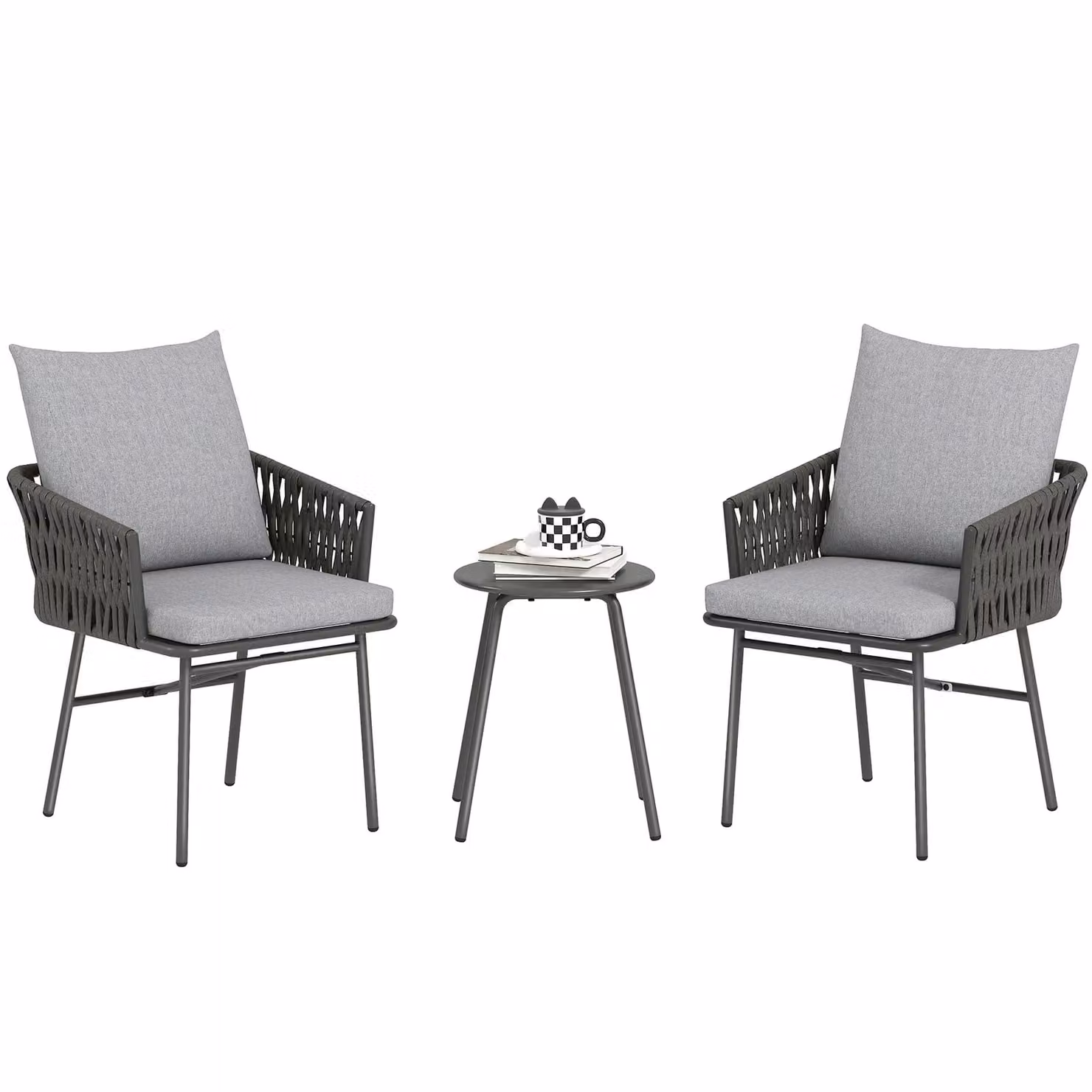 OUTSUNNY Grey Rattan Bistro Set with Round Table and 2 Chairs and 4 Cushions for Garden or Balcony – 2