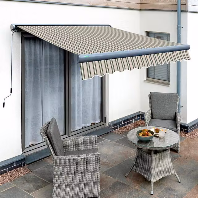 Primrose Electric Patio Awning Garden Canopy with Full Cassette in Charcoal Multi-Stripe, W: 400 cm, D: 300 cm