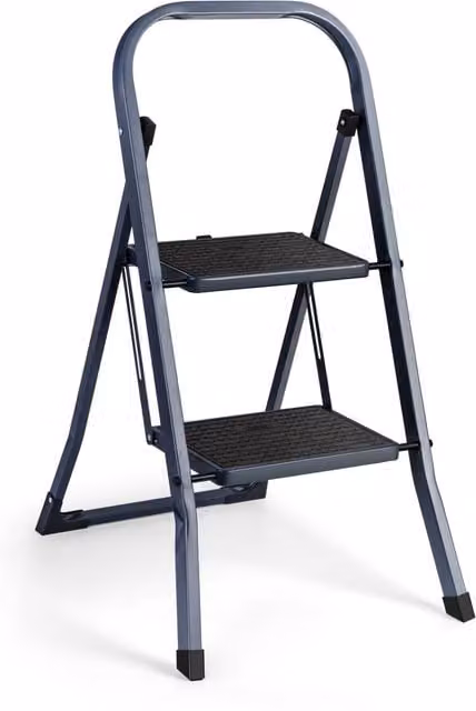 VonHaus 2 Step Steel Folding Ladder in Grey with 150kg Max Capacity and Anti-Slip Rubber Feet