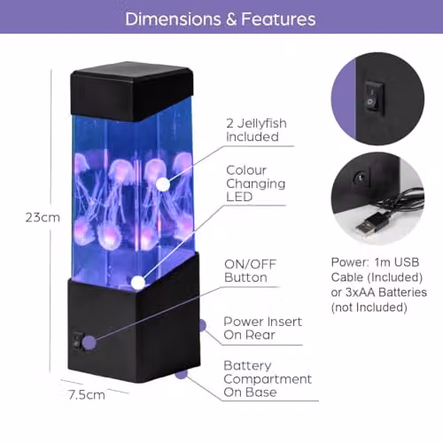Global Gizmos 55229 Aquarium Jellyfish Lamp with Multicolour Colour Changing LEDs in Black, W/D/H: 23.0 x 9.0 x 9.0 cm – 2