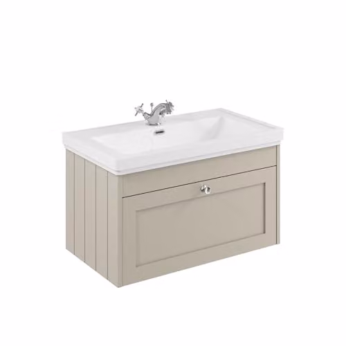 Balterley Wall Hung Single Drawer Vanity Unit with Rectangular Basin and Tap Hole in Pebble Grey, W/D/H: 80.0 x 45.3 x 43.1 cm – 1