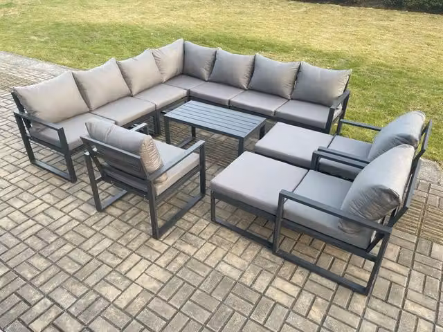 Fimous 6 Piece Powder Coated Aluminium Outdoor Garden Furniture Set in Dark Grey featuring L-Shape Corner Sofa, Oblong Coffee Table and 2 Ottomans