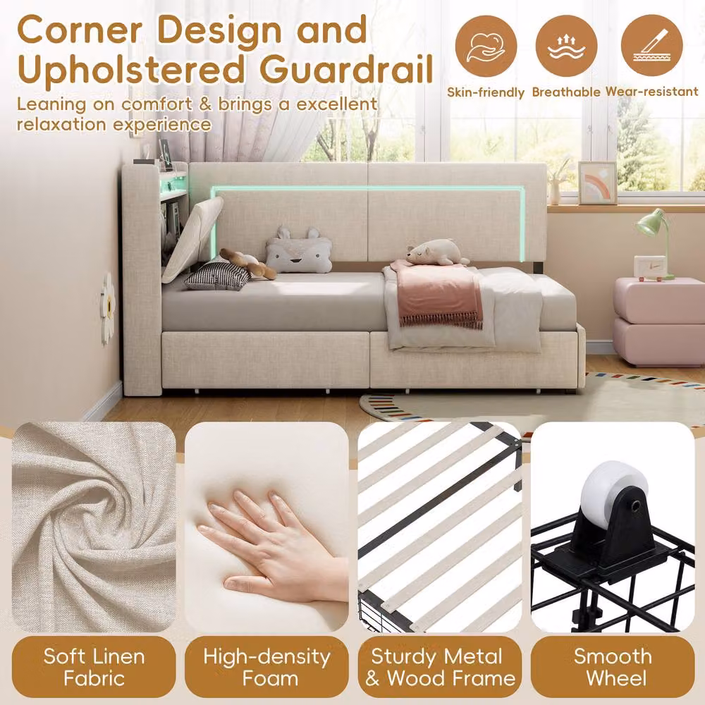 Matteo Beige Linen Single Daybed with USB Charging and Storage Drawers W/D/H: 90 x 190 cm – 3