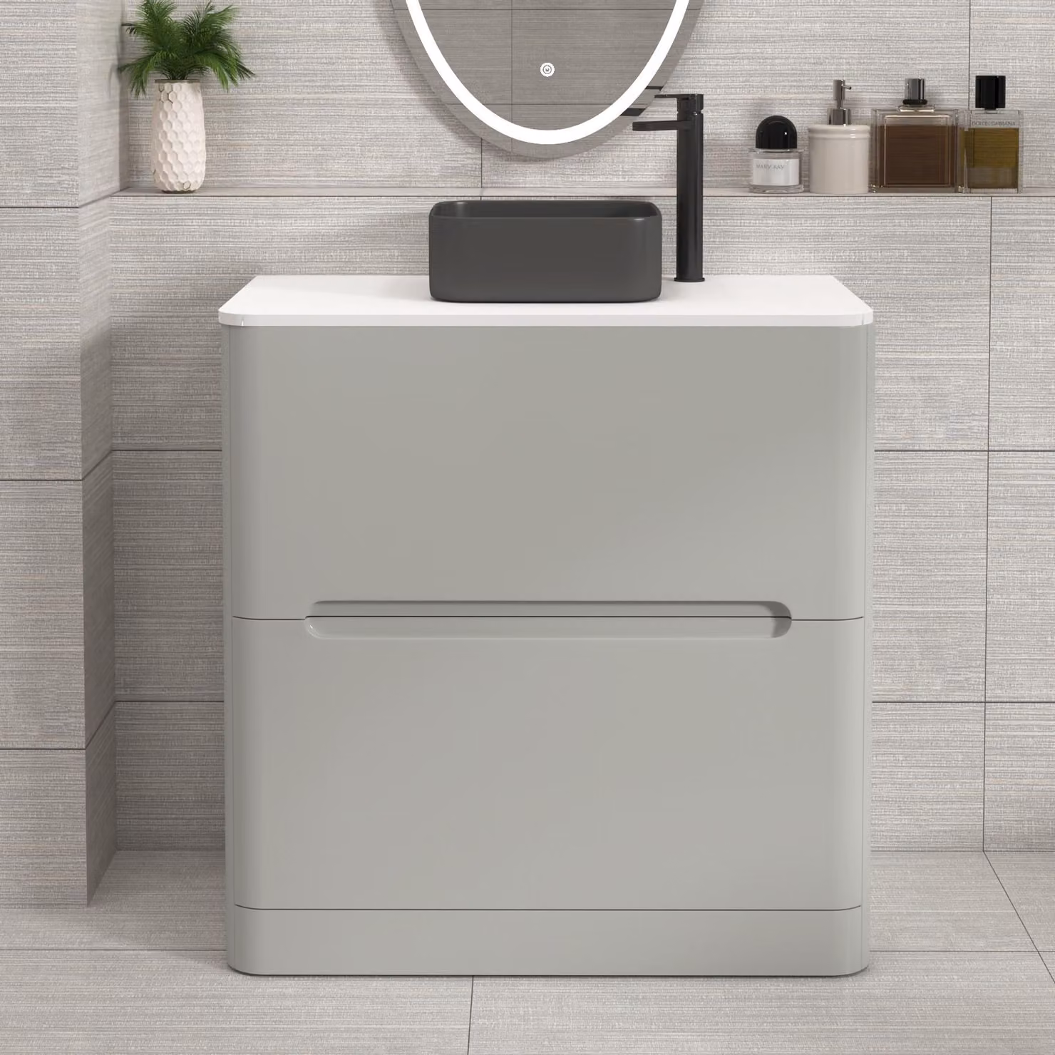 Royal Bathrooms Venice 800mm Floor Standing Vanity Unit in Dove Grey with 2 Drawers, Plain White Worktop and Art Square Basin