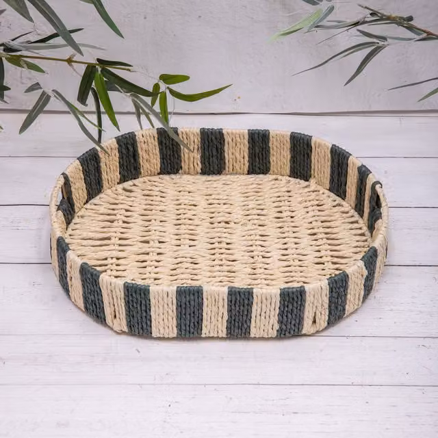 Annibells Green Striped Round Rattan Woven Serving Tray, Diameter: 35 cm