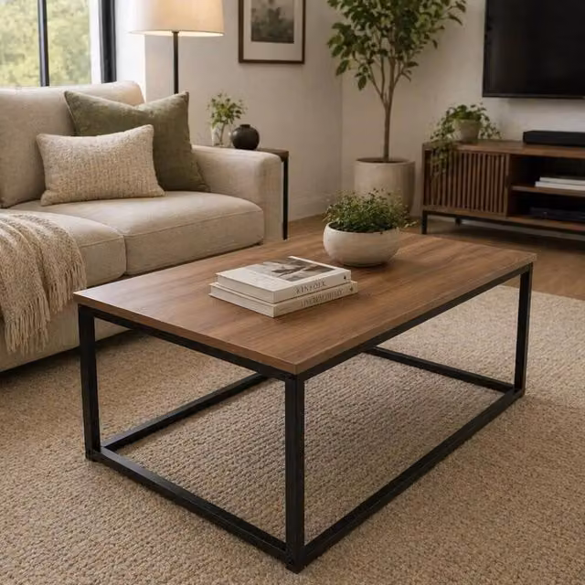 FORGEVIO Modern Wood Effect Coffee and Sofa Side Table Set in Brown and Black
