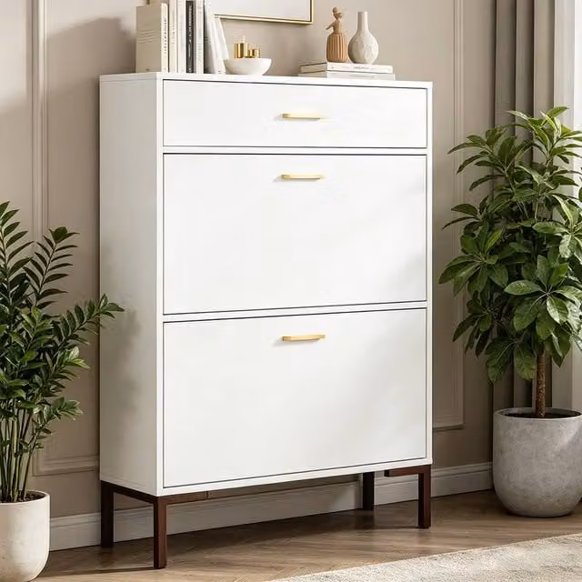 ERGOVEXA Slim White Shoe Storage Cabinet with 3 Tilting Compartments and Internal Shelves