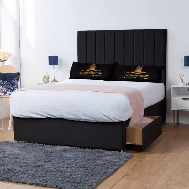 UK Bed Furniture Ashford Small Double Divan Bed with 2 Drawers and 26 Inch Headboard in Black