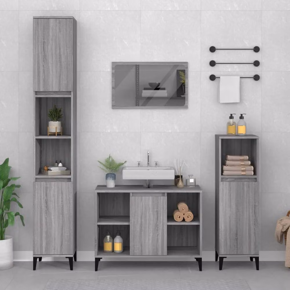 Berkfield Home Modern 3 Piece Grey Bathroom Furniture Set with Tall Cabinet and Hinged Doors – 2