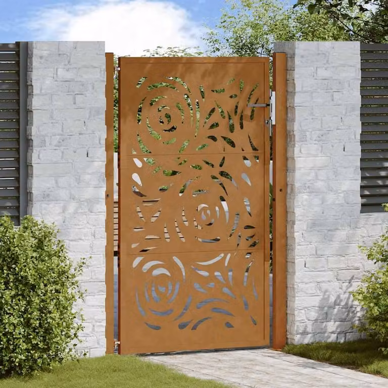 Berkfield Home Beautiful Garden Gate in Brown Weathering Steel with Flame Design, W: 105 cm, H: 155 cm