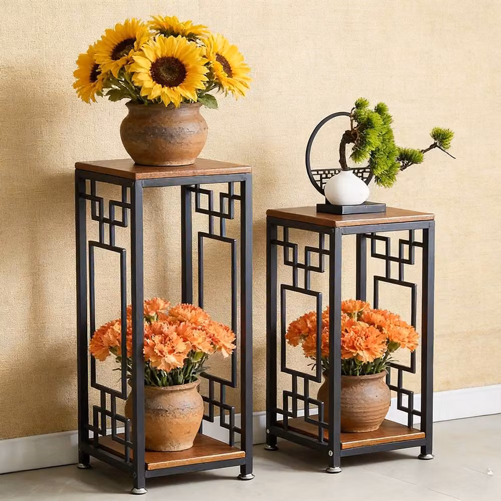 EONLION Double Basin Metal and Wood Flower Rack in Brown with Adjustable Base – 3