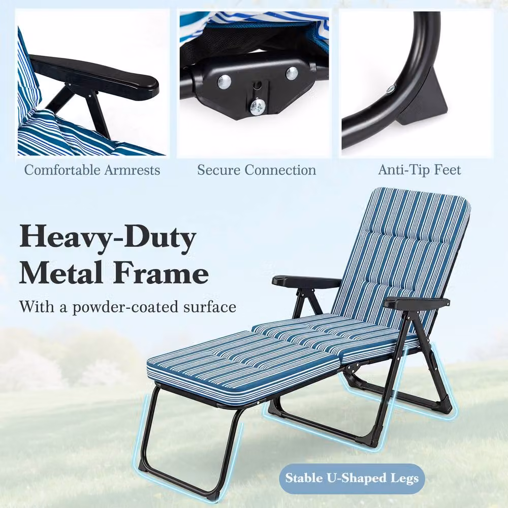 Gymax Foldable Garden Sun Lounger with Adjustable Headrest and Armrests in Blue Striped UV-Resistant Polyester – 5