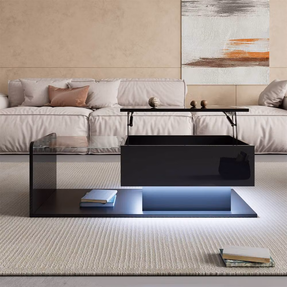 Merax Modern High-Gloss Lift-Top Coffee Table with LED in Black, W/D/H: 100 x 50 x 47.5 cm – 3