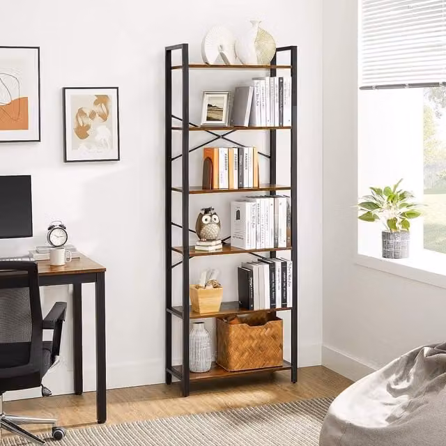 The Bazaarist 6-Tier Tall Industrial Freestanding Bookshelf with Metal Frame in Rustic Brown and Black, H: 186.0 x W: 66.0 x D: 30.0 cm