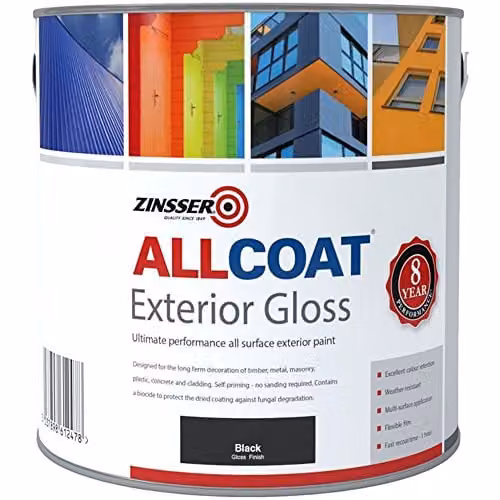 Zinsser Allcoat Exterior Water Based Gloss Paint, Black, 5 l