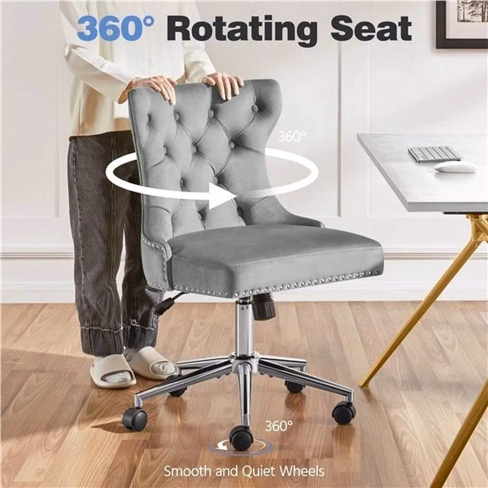 KORVIXA Grey Velvet Upholstered Swivel Task Chair for Home Office and Bedroom, W/D/H: 100 x 100 x 136 cm – 2