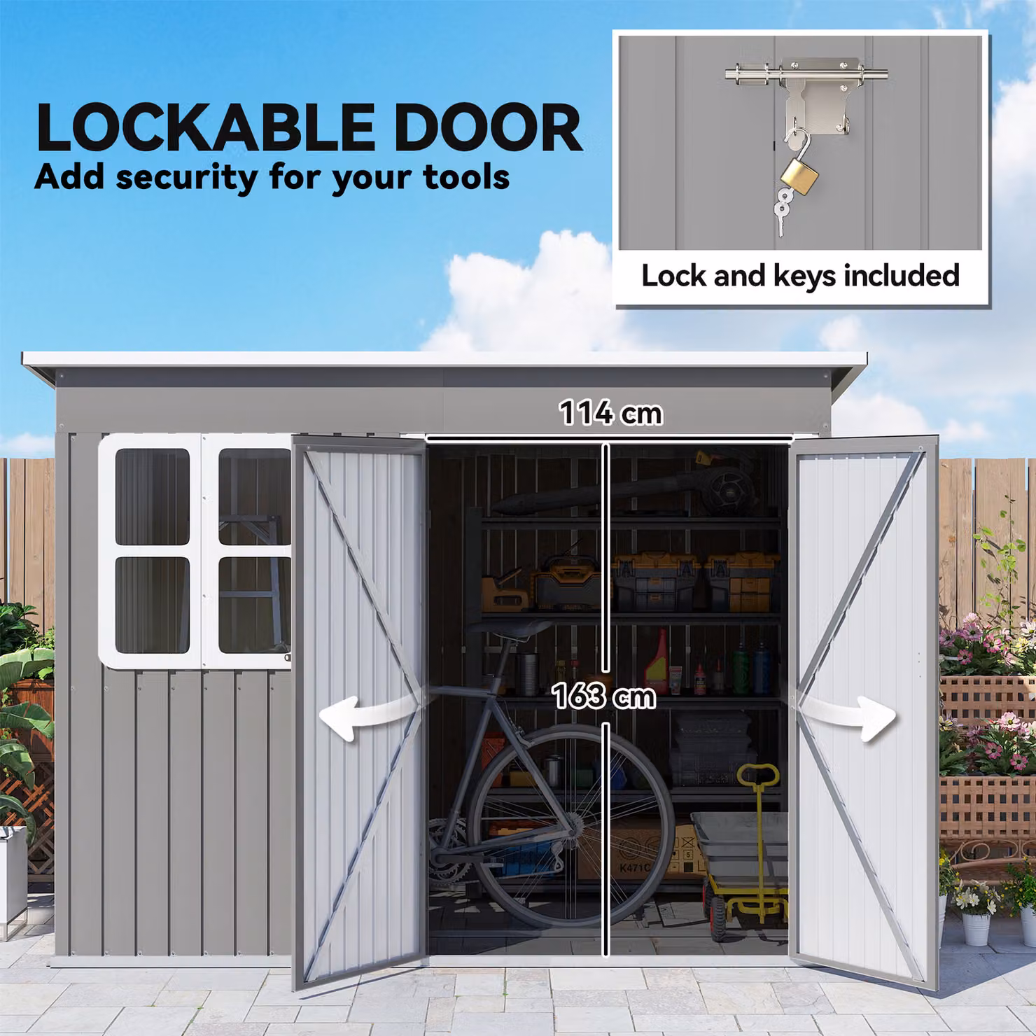 Outsunny Galvanised Steel Pent Garden Storage Shed in Light Grey with Foundation Kit, Window and Lockable Double Doors, W/D/H: 260 x 177 x 190 cm – 6