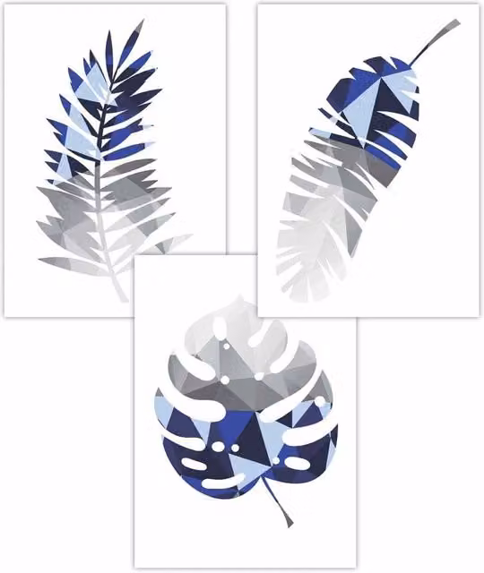 ARTZE Set of 3 Geometric Tropical Leaves Art Posters in Blue and Grey, W: 42 cm, H: 59 cm