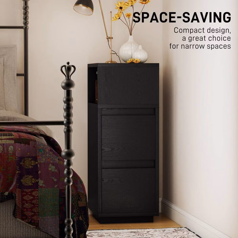 STILVORA Slim Bedside Cabinet with 2 Drawers and Open Shelf, Black – 5