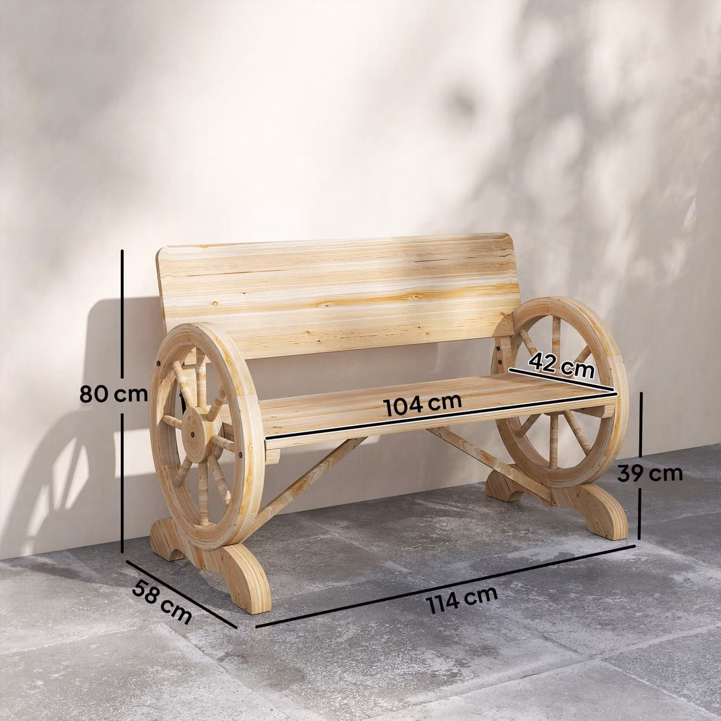 Outsunny 2-Seater Outdoor Garden Wagon Wheel Bench in Brown Rustic Wood Finish – 3