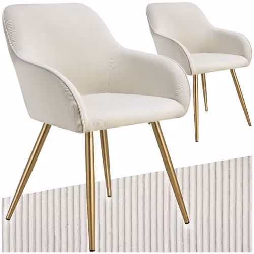 tectake Set of 2 Marilyn Dining Chairs in Corduroy Look with Gold Metal Legs, Cream