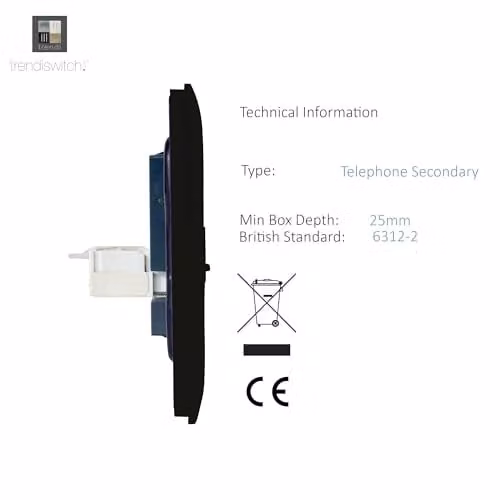 Trendi Switch 1 Gang Cat 3 Telephone Secondary Flush Socket in Matt Black – 3