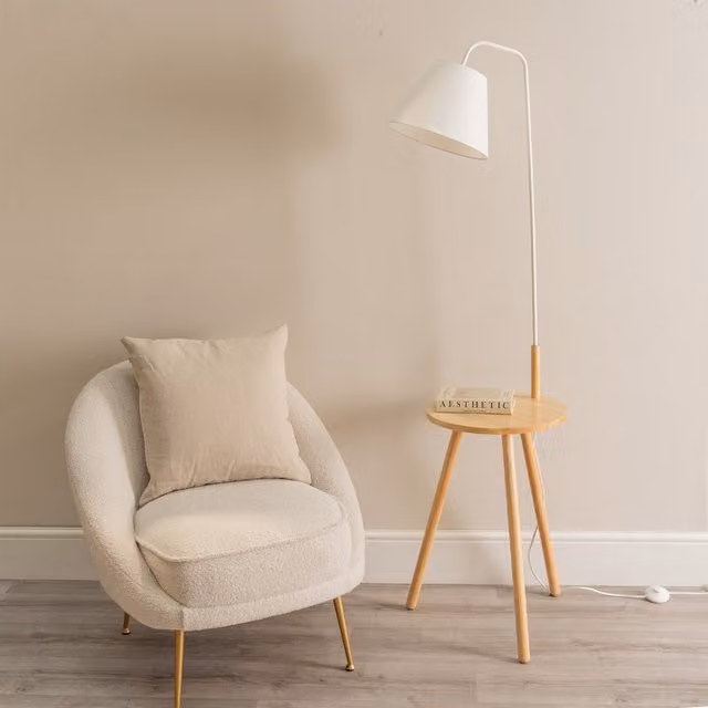 Freja White Wood Tripod Floor Lamp with Fabric Shade