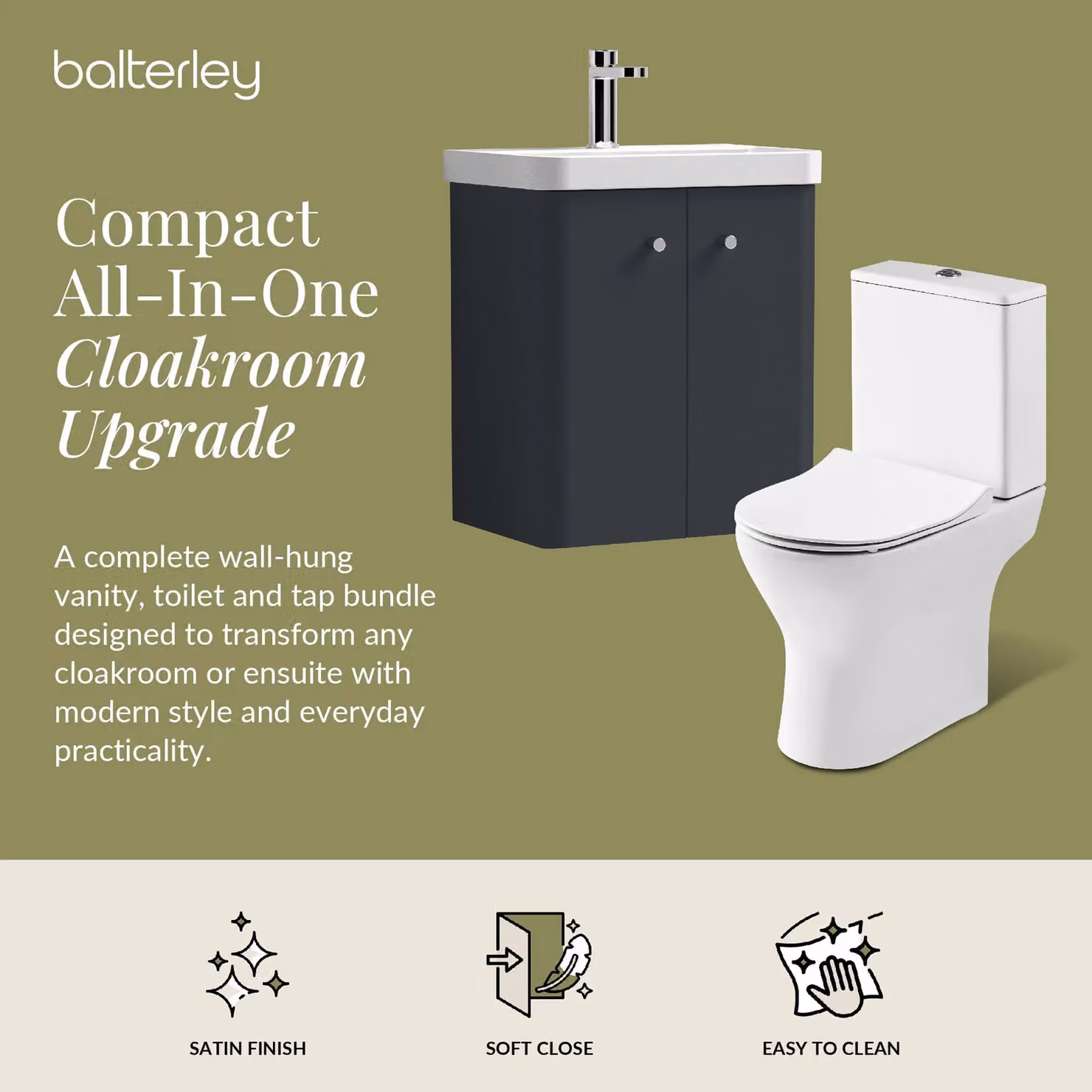 Balterley Wall Mounted 2 Door Grey Bathroom Vanity Unit with Tap and Toilet Pack – 2