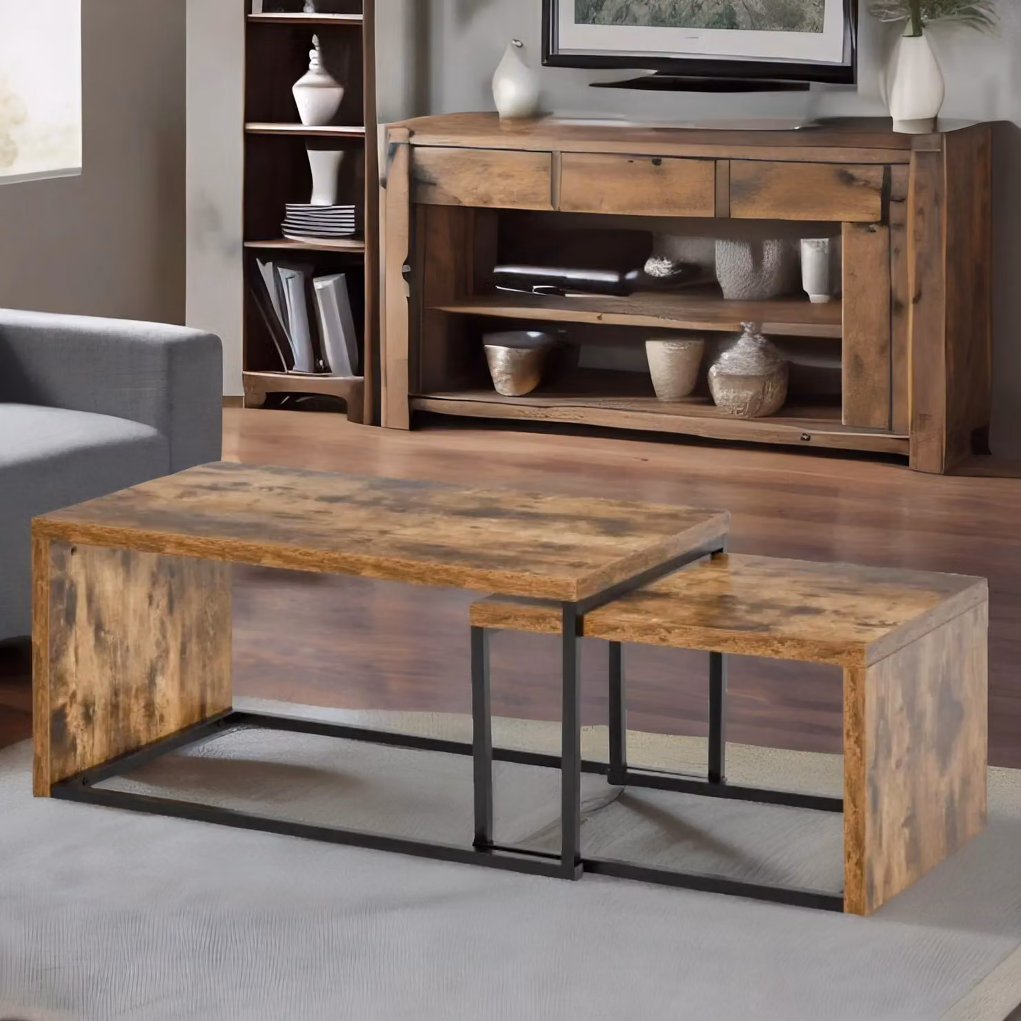 Rafaelo Mobilia Set of 2 Industrial Rustic Nesting Tables in Dark Brown and Black – 2