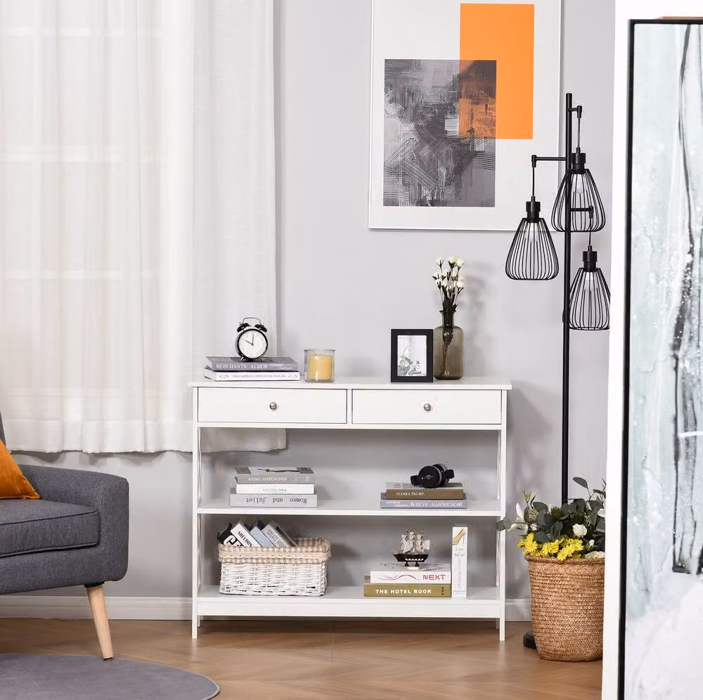 STILVORA Modern White Table with 2 Drawers and Shelves – 4