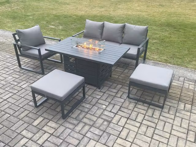 Fimous 5 Piece Aluminium Garden Furniture Set with Gas Fire Pit Dining Table, Cushions and 2 Footstools in Dark Grey
