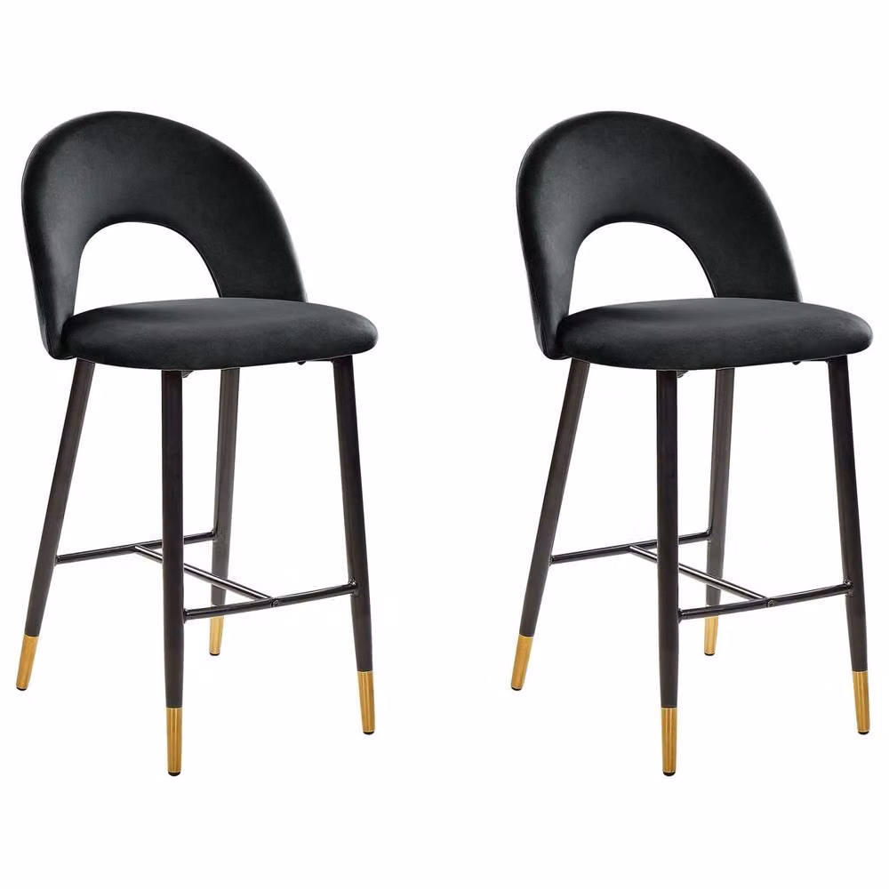 Wyld and Coco Black Velvet Bar Chairs 2-Pack with Gold-Ended Steel Legs – 2