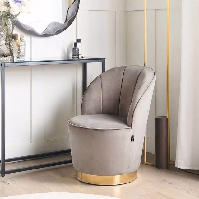 Wyld and Coco Mid-Century Velvet Tub Armchair in Light Beige with Gold Metal Base